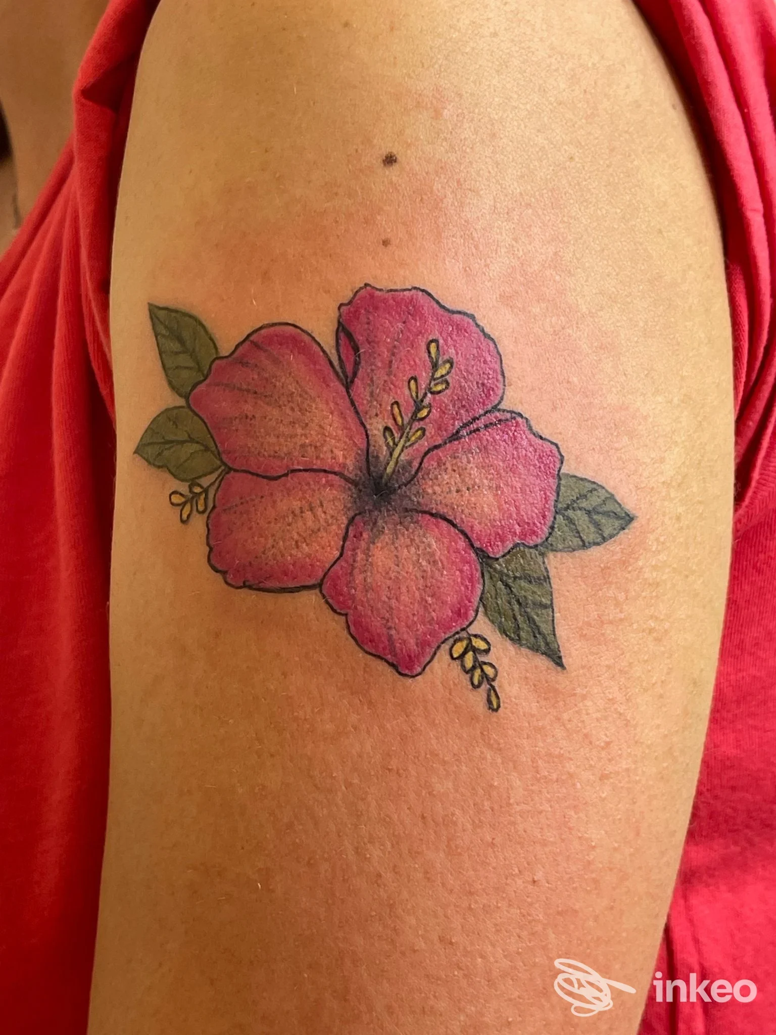 Tatuaggio reale sull'avambraccio raffigurante un hibiscus rosa con foglie verdi, contorni scuriti e sfumature rosa.