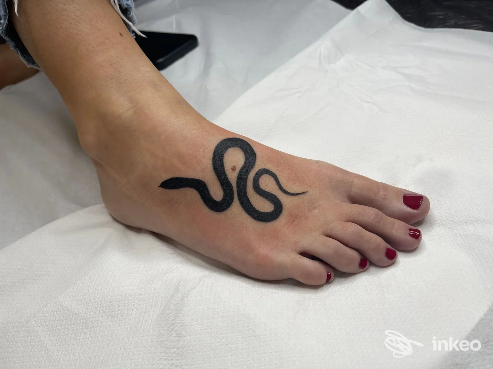 Piede sinistro con tatuaggio nero a serpente sulla parte superiore del piede, sfondo bianco.