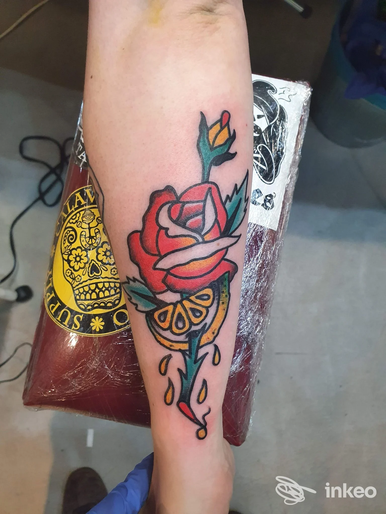 Avambraccio con tatuaggio a colori raffigurante rosa rossa con foglie verdi e scorza di limone, contorni neri, stile tradizionale, una singola inquadratura.