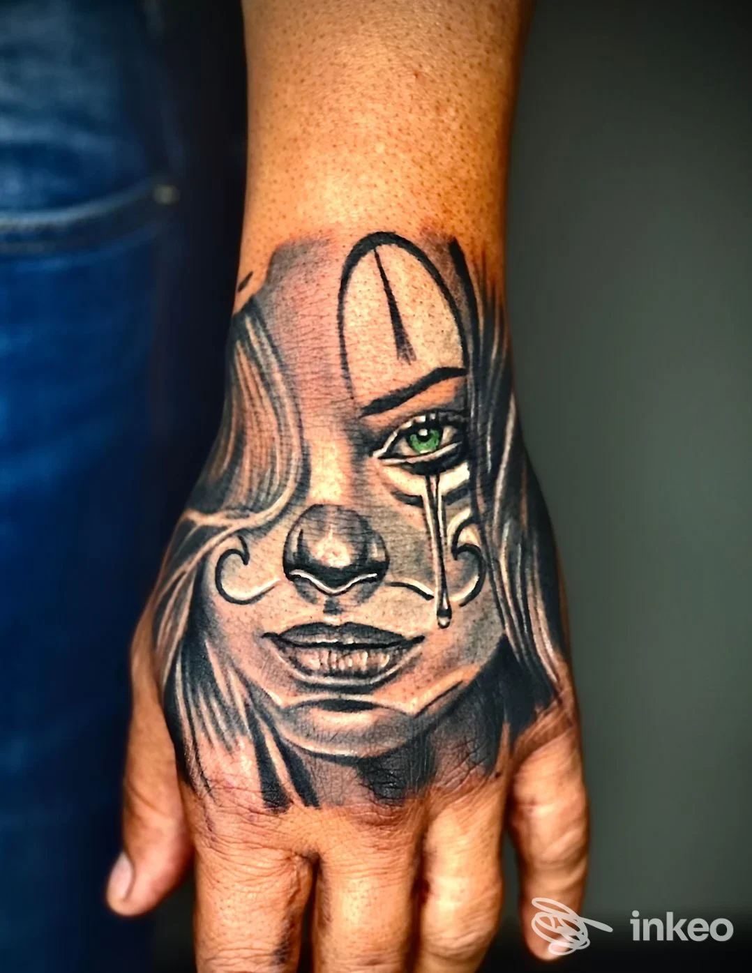 Tatuaggio realistico su avambraccio sinistro raffigurante una faccia femminile con lacrima, tonalità grigie e nero, con ombreggiature dettagliate.