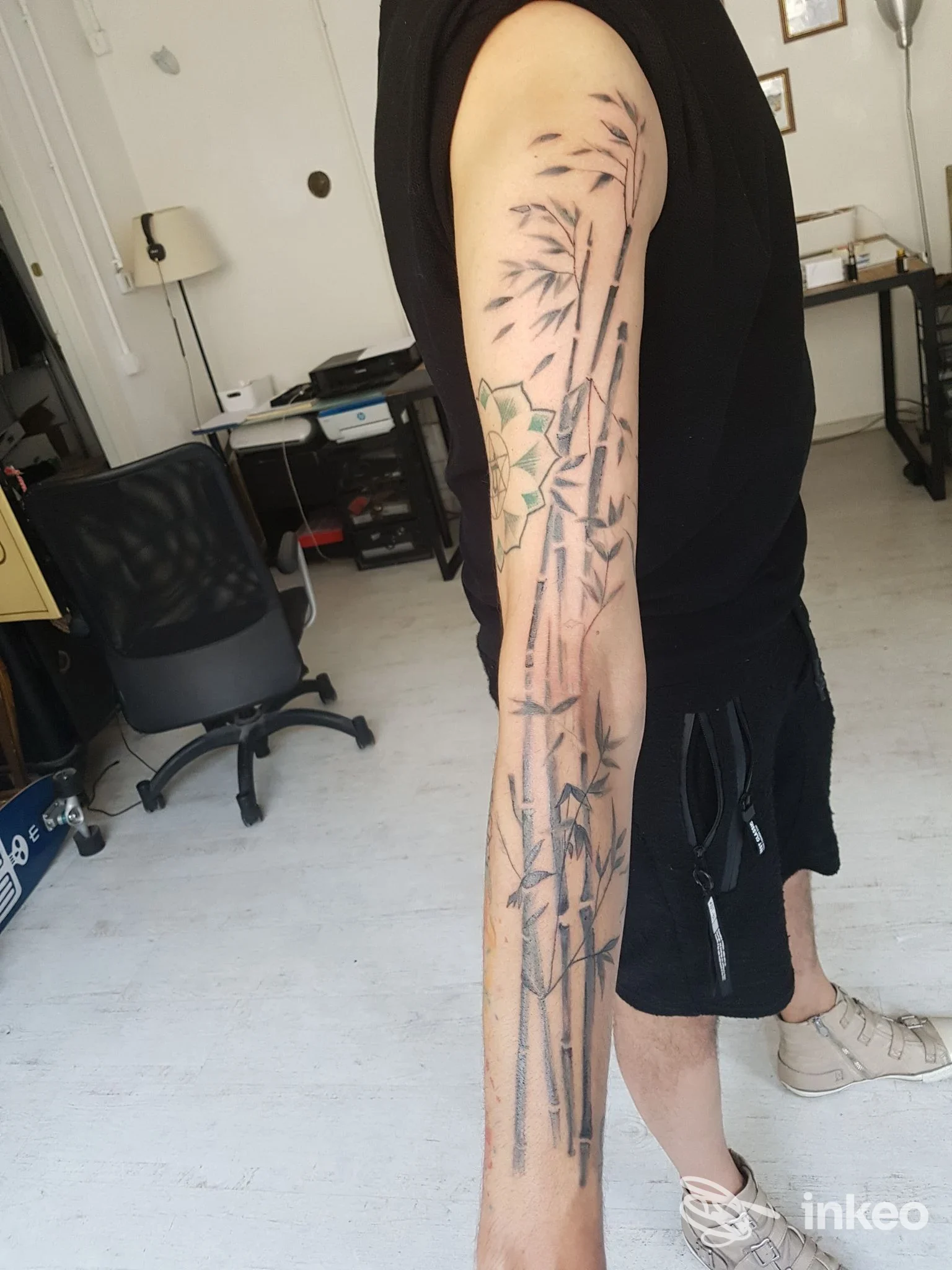 Tattoo lungo sull’avambraccio di una persona, motivo botanico con rampicanti e foglie, visto di lato in studio, nessun volto visibile.