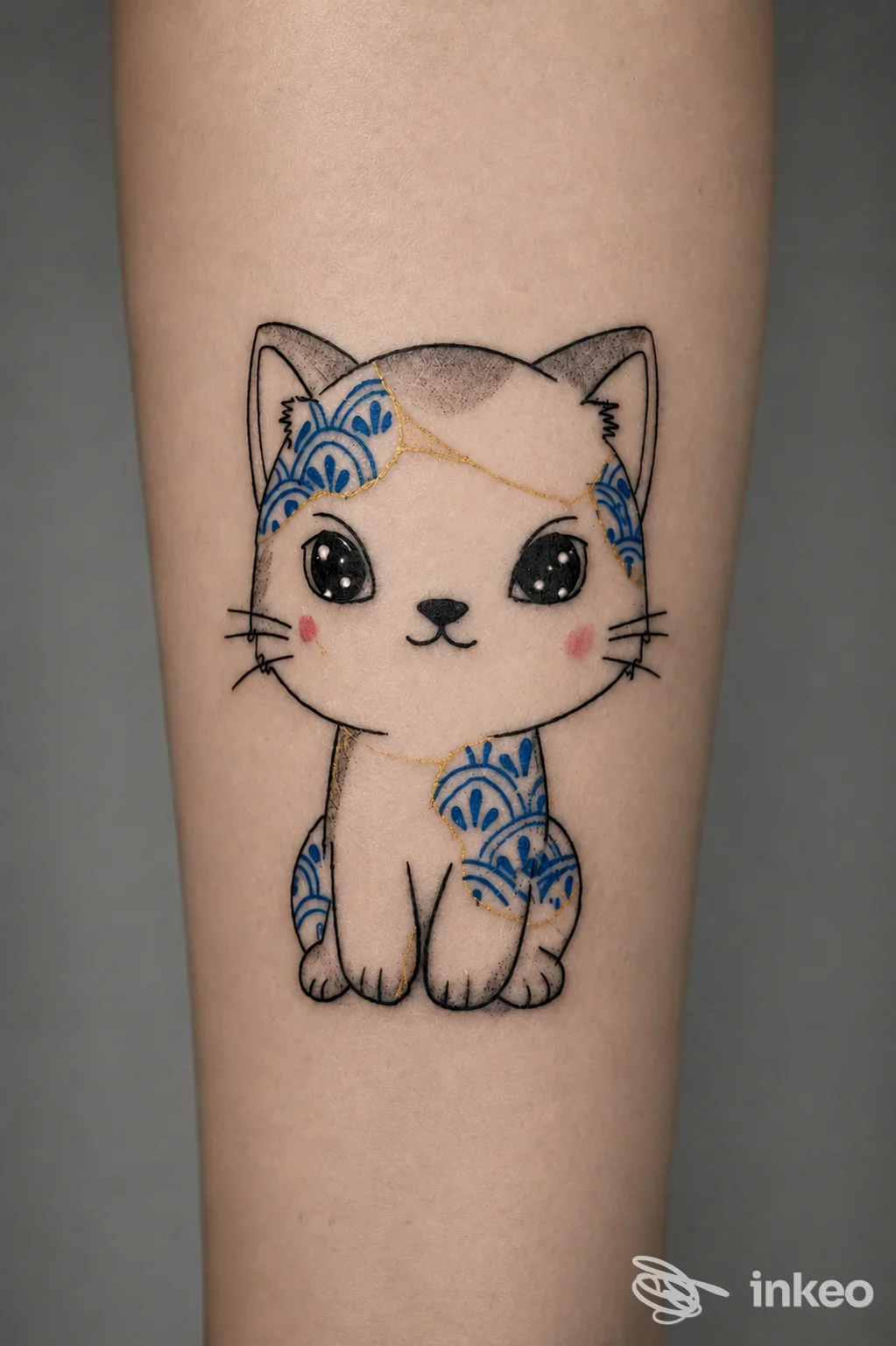 Tatuaggio su pelle: gattino bianco con padiglioni blu decorativi e guance rosate, realizzato su braccio, linea nera definita e colori pastello.