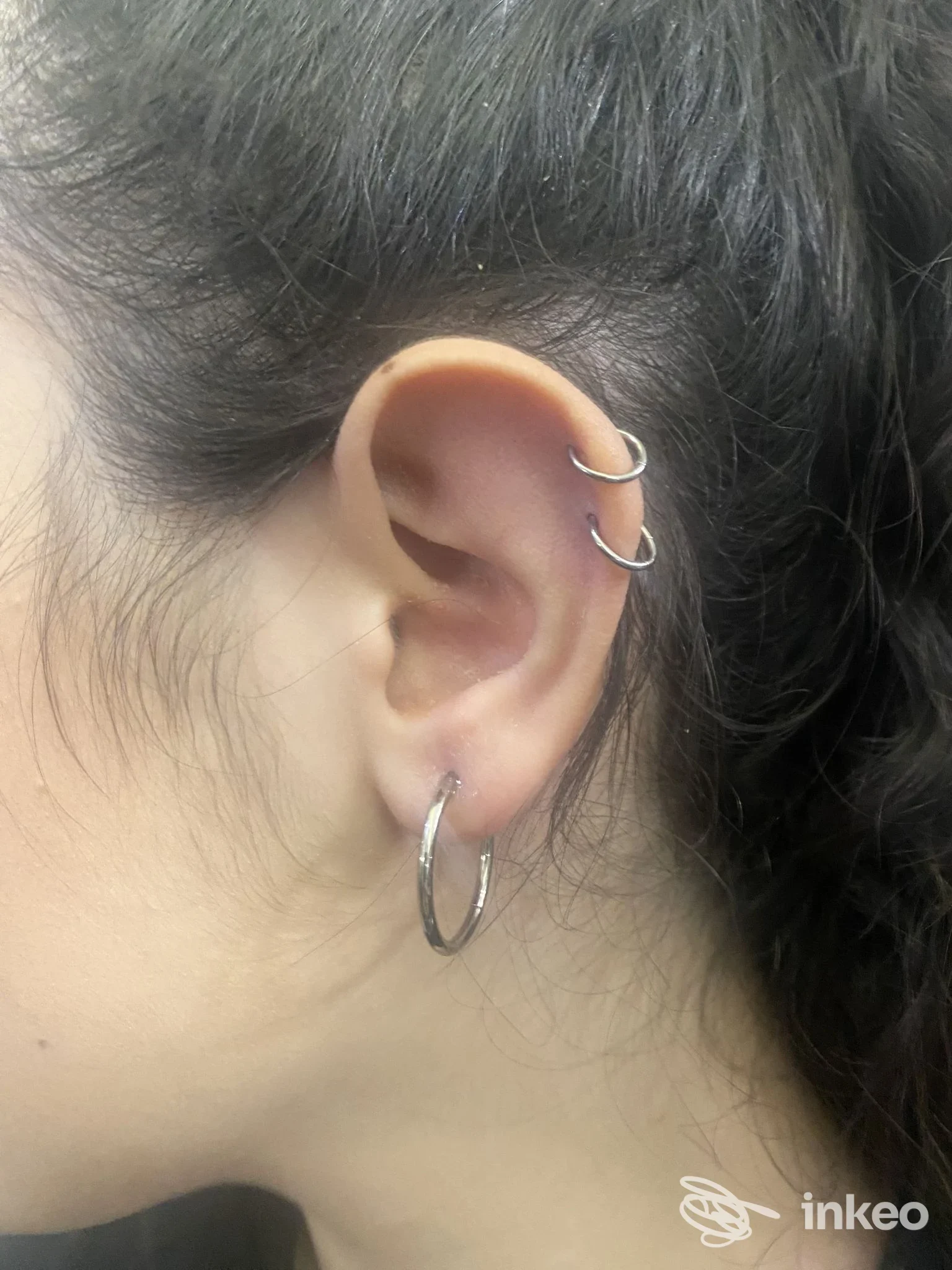 Orecchio sinistro con più piercing in anelli di metallo, con cartilagine visibile e nessun testo o interfacce sociali, scatto ravvicinato che evidenzia i piercing.