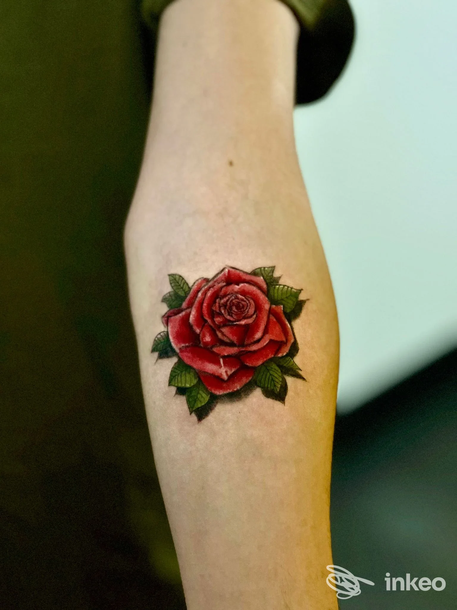 Tatuaggio rosa rossa su avambraccio, realizzato sulla pelle, con foglie verdi, eseguito dallo studio Family's Roots.