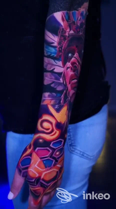Tatuaggio a colori su avambraccio e mano, braccia visibile, realizzato direttamente sulla pelle.