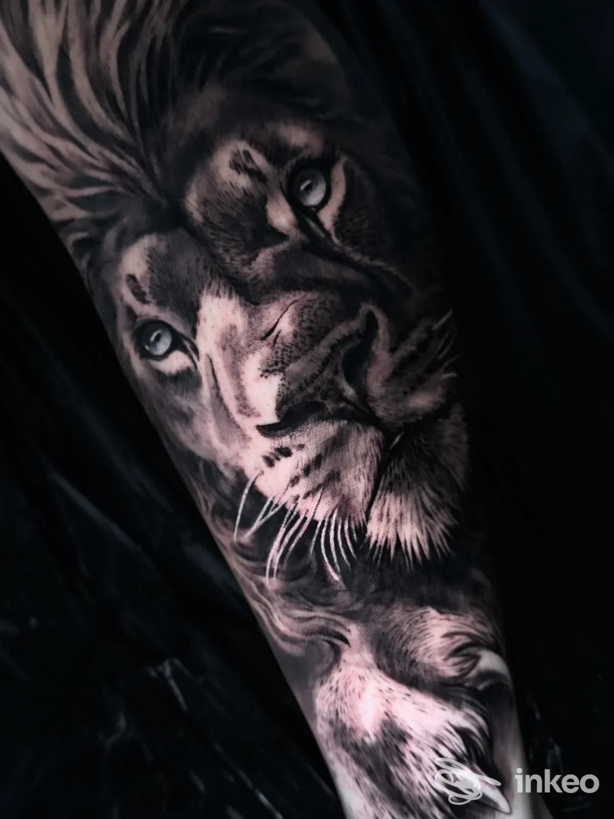 Tattoo realistico in bianco e nero di una tigre o leone su una parte del braccio, con dettagli di peli e contrasti, visibile sulla pelle nuda.