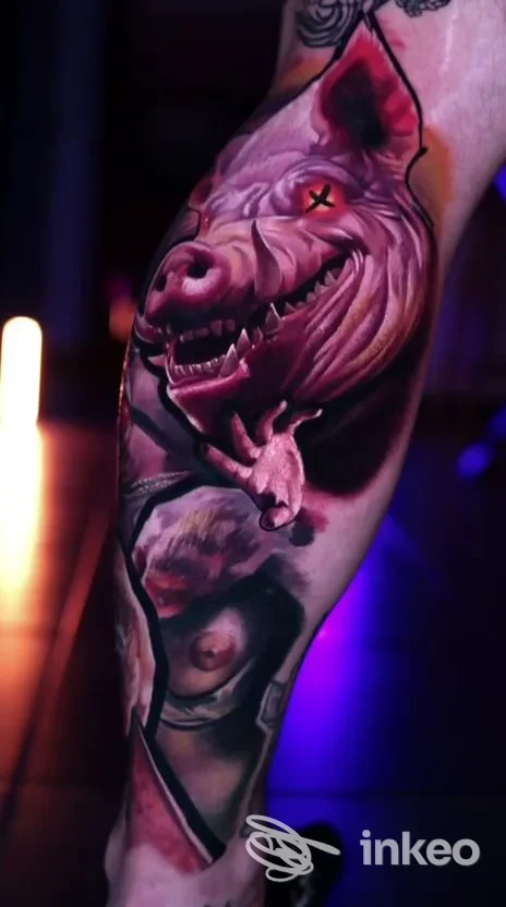 Tattoo realistico su pelle della gamba, figura animale colorata copre la porzione superiore della gamba con sfondo scuro; nessun volto visibile.