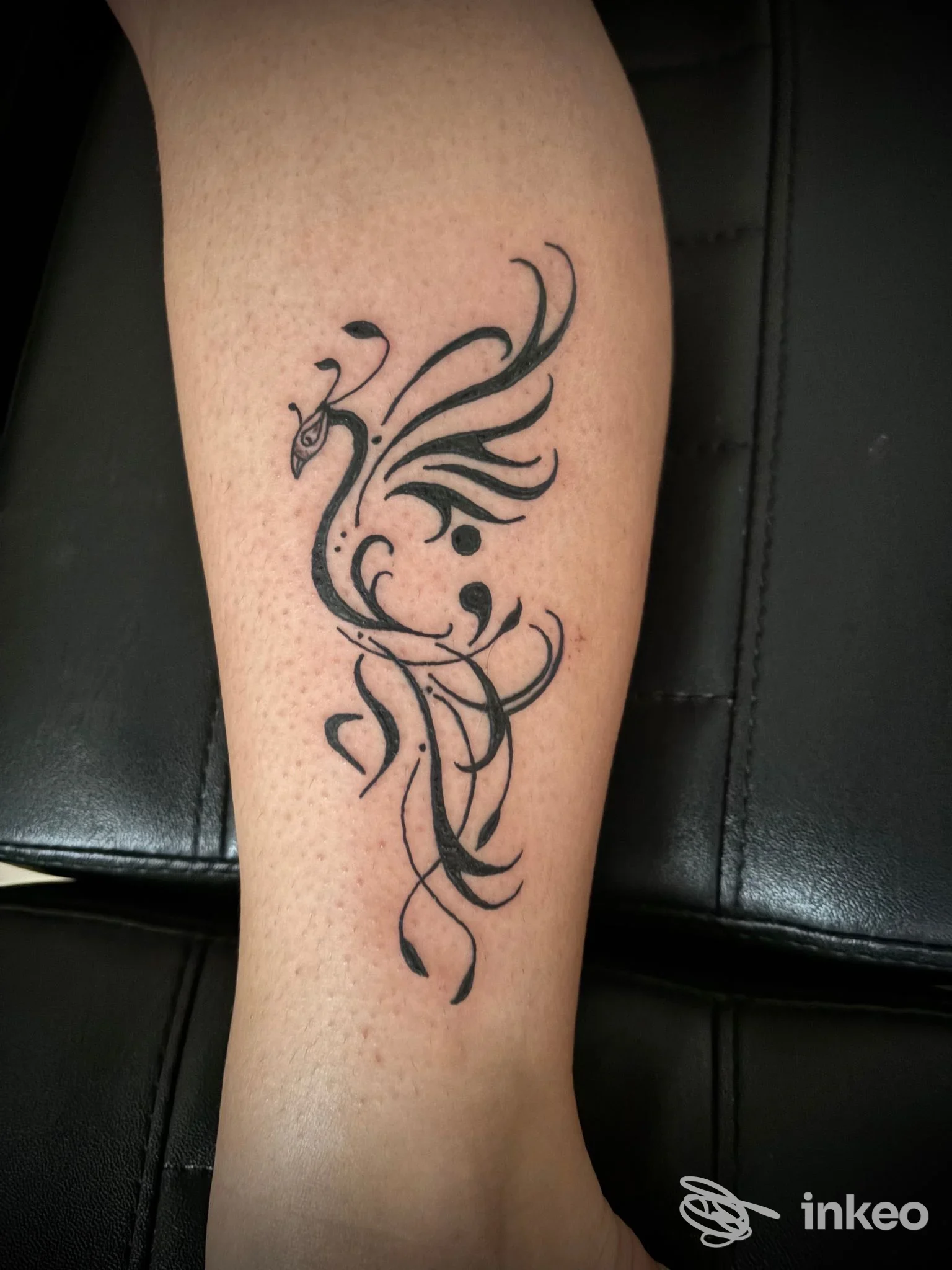 Tatuaggio tribale nero su avambraccio, disegnato con linee fluide e decorativi motivi astratti, visita in studio.