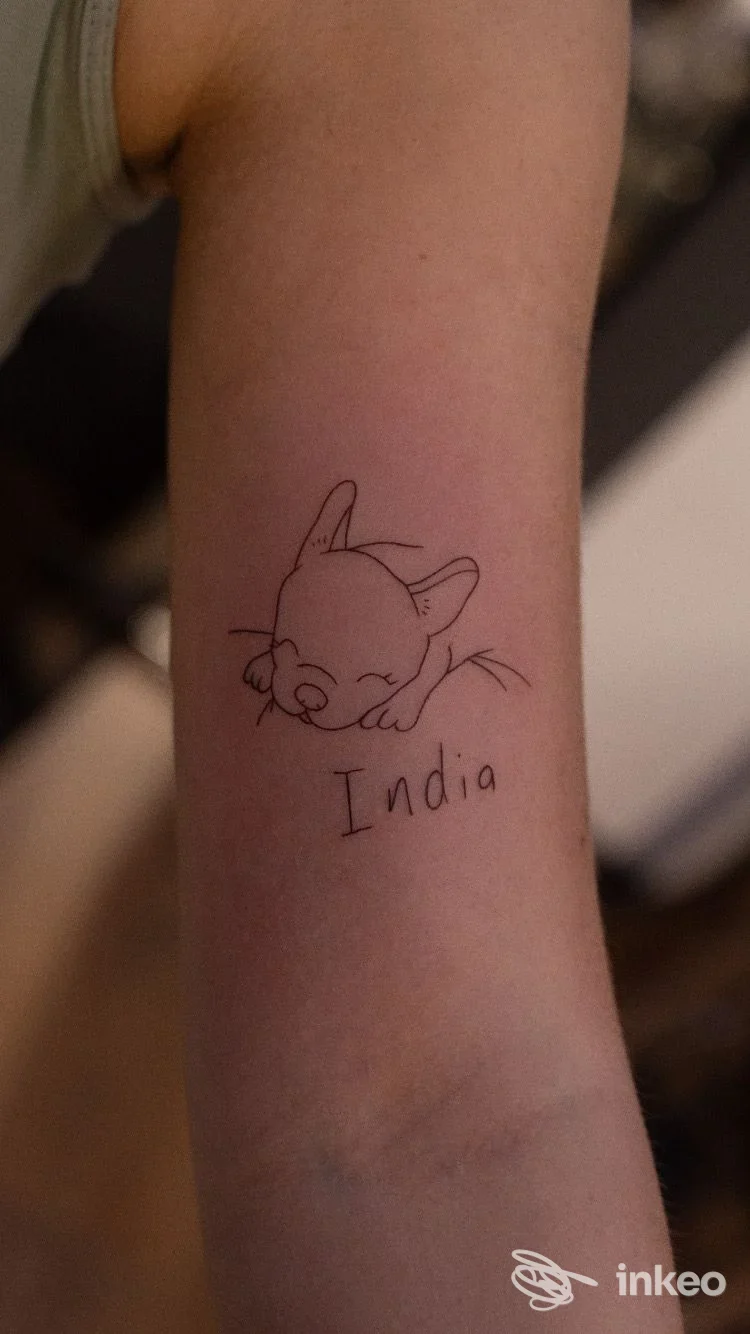 Tatuaggio disegnato sul braccio: icona stilizzata di un animale e la parola India, realizzato sulla pelle presso Mr Mike Studios a Canzo.