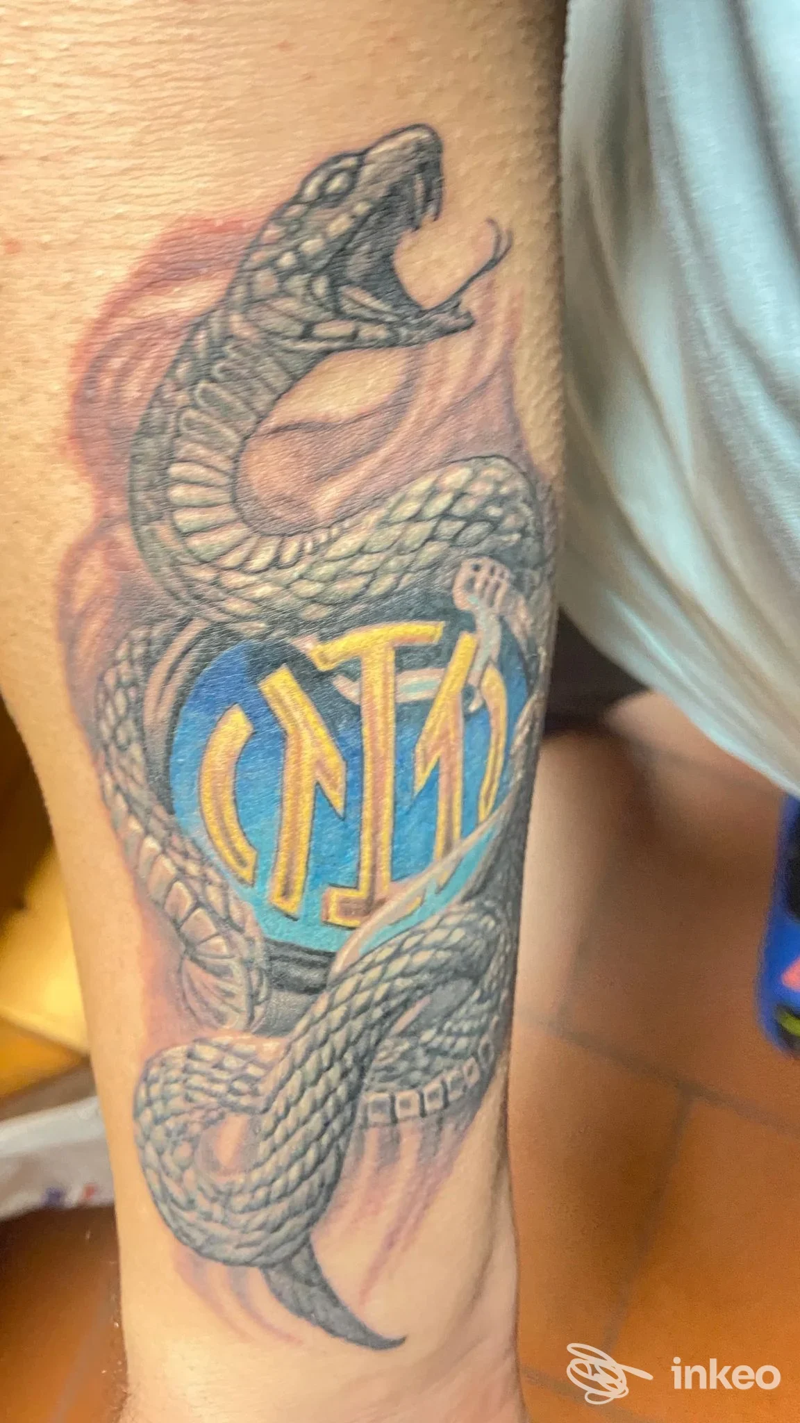Tatuaggio su braccio raffigurante un cobra avvolgente attorno a uno stemma rotondo blu con lettere gialle, colori vividi e sfondo sfumato.