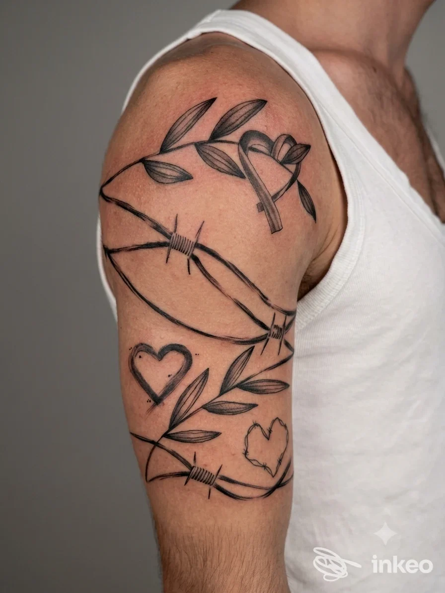 Brascio sinistro con tatuaggio in stile line art: rami con foglie, filo spinato e piccoli cuori, in tinta nera su pelle, illuminazione neutra. nessun volto visibile, nessuna sovrapposizione digitale.
