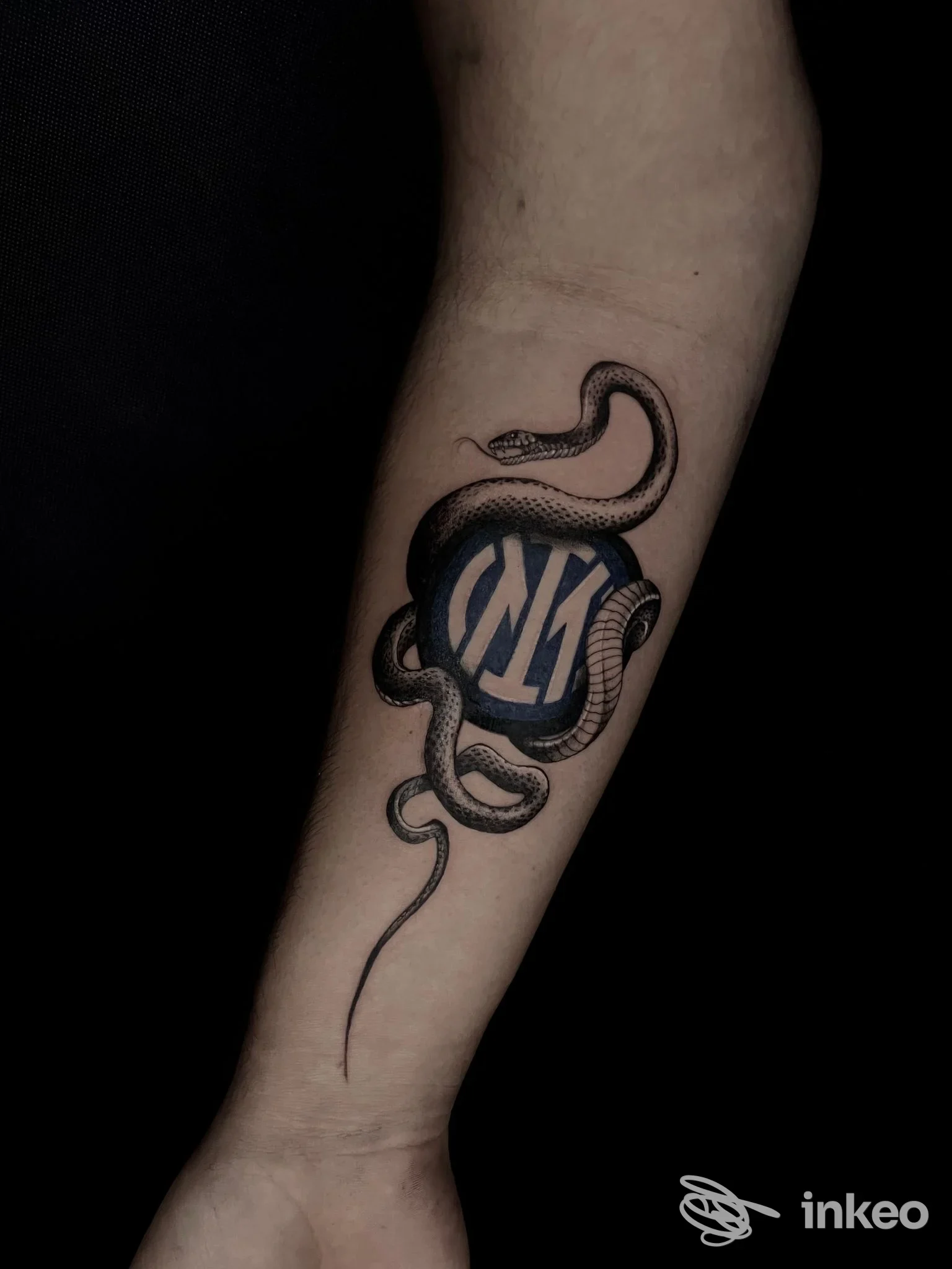 Tattoo realistico sull’avambraccio: serpente avvolge un cerchio blu con lettere bianche all’interno, su pelle reale.