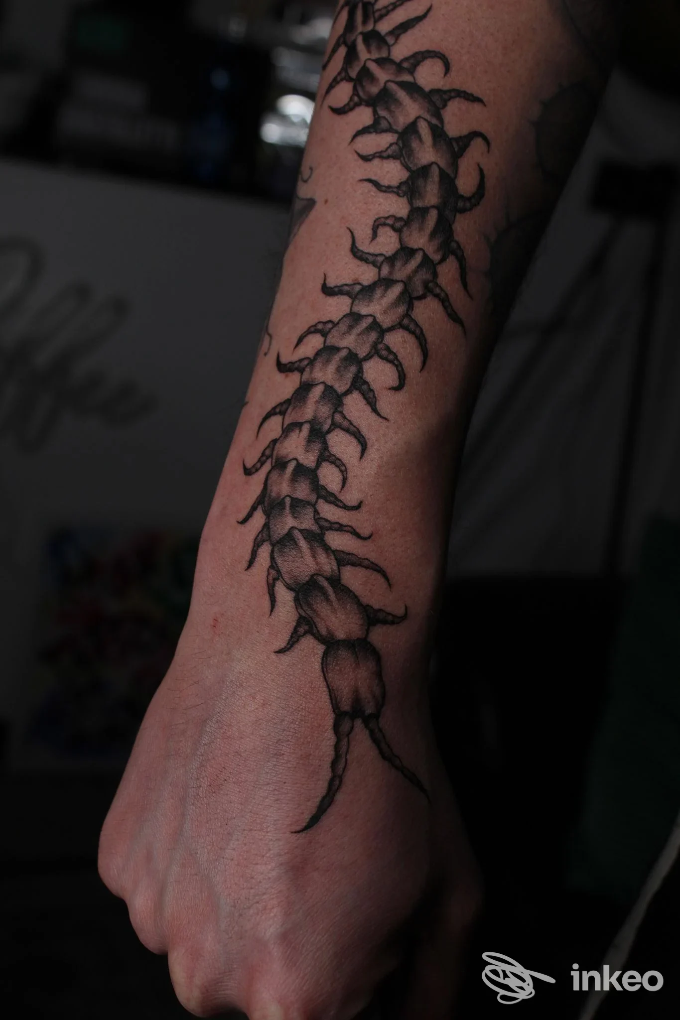 Avambraccio sinistro con tatuaggio a catena vertebrata lungo la parte esterna dell’avambraccio, senza volto visibile.