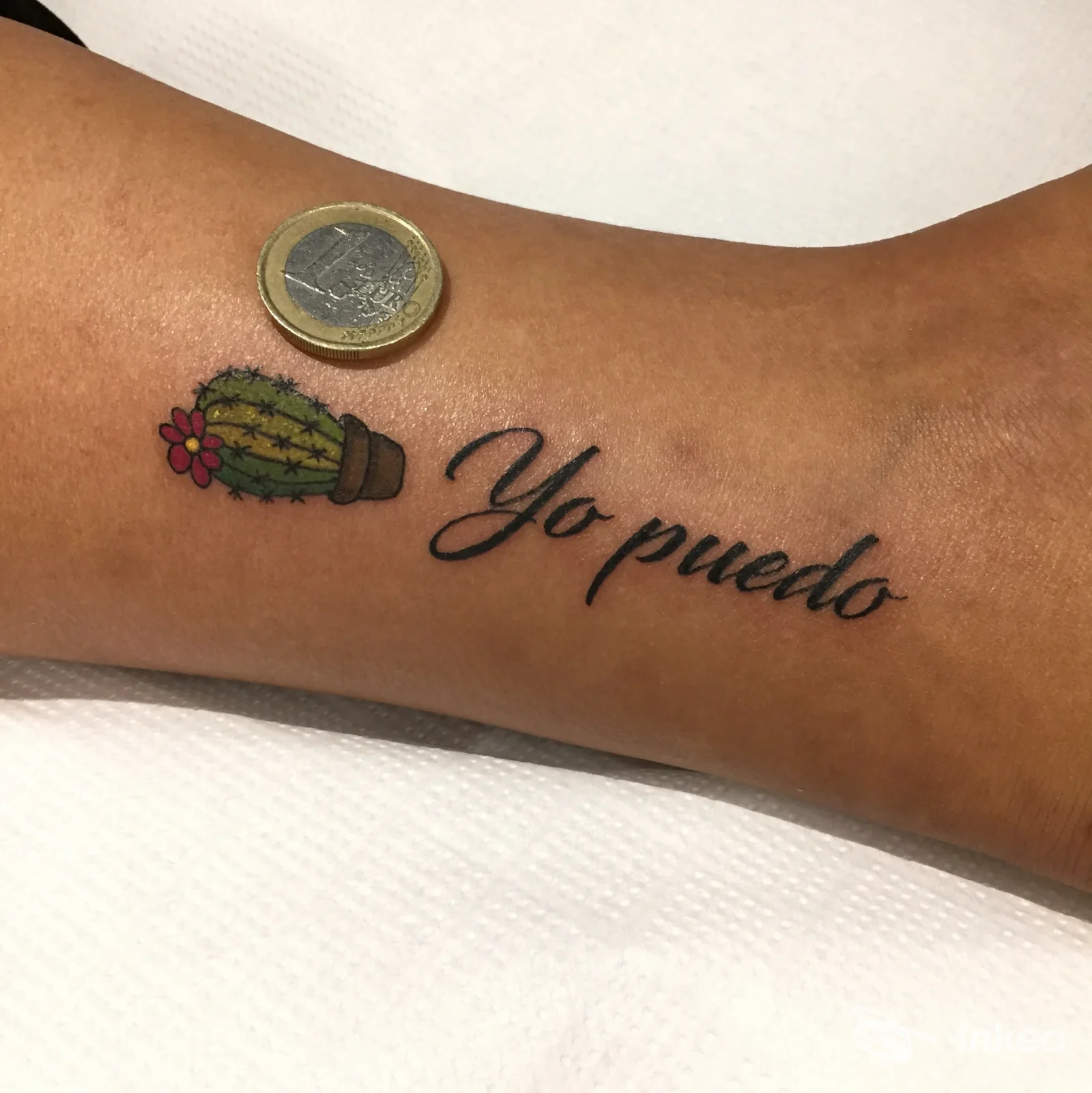 Avambraccio sinistro con tatuaggio di cactus in vaso e scritta Yo puedo, foto da vicino su pelle.