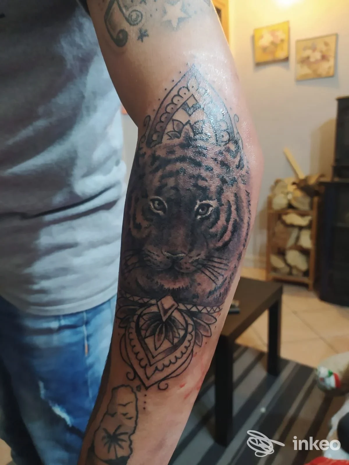 Tattoo visibile sul braccio raffigurante una tigre con ornamenti, eseguito su pelle reale in ambiente domestico, colori scuri e linee nette.