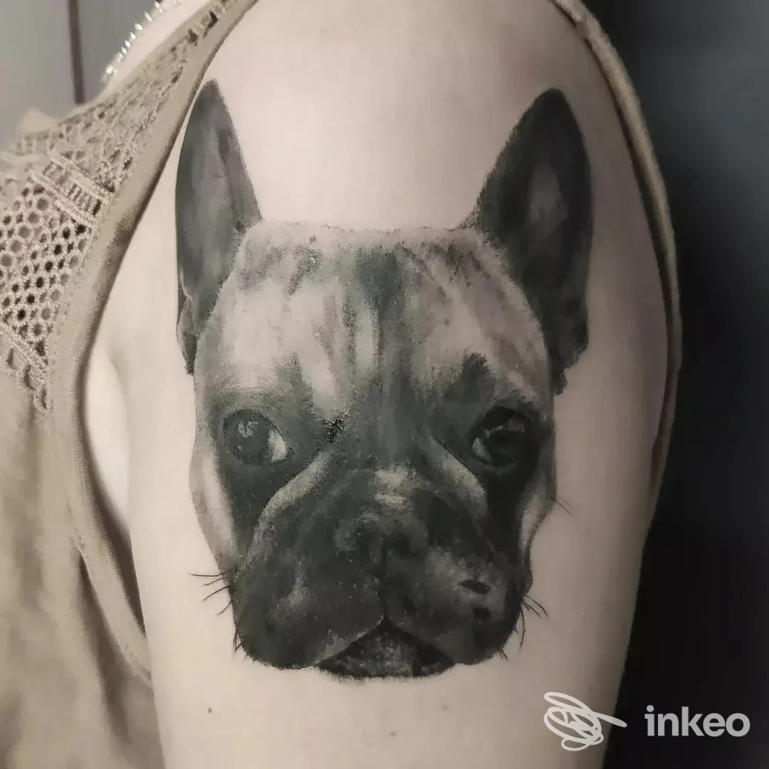 Tattoo realistico di una testa di cane sul braccio superiore di una persona, in tonalità grigie, con dettagli accurati e sfumature.