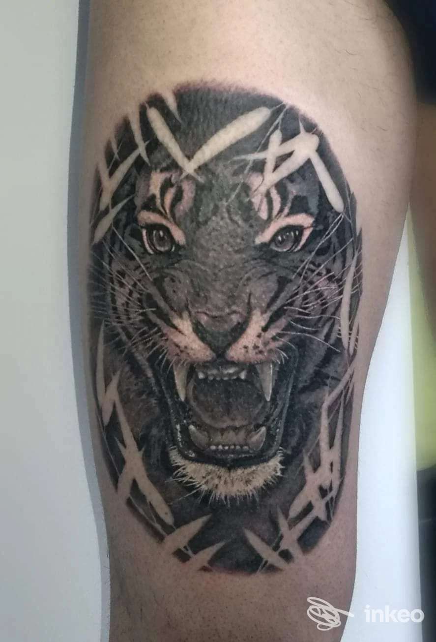 Tatuaggio di tigre sul braccio, testa e fauci aperte, disegno in bianco e nero con sfondo scuro.