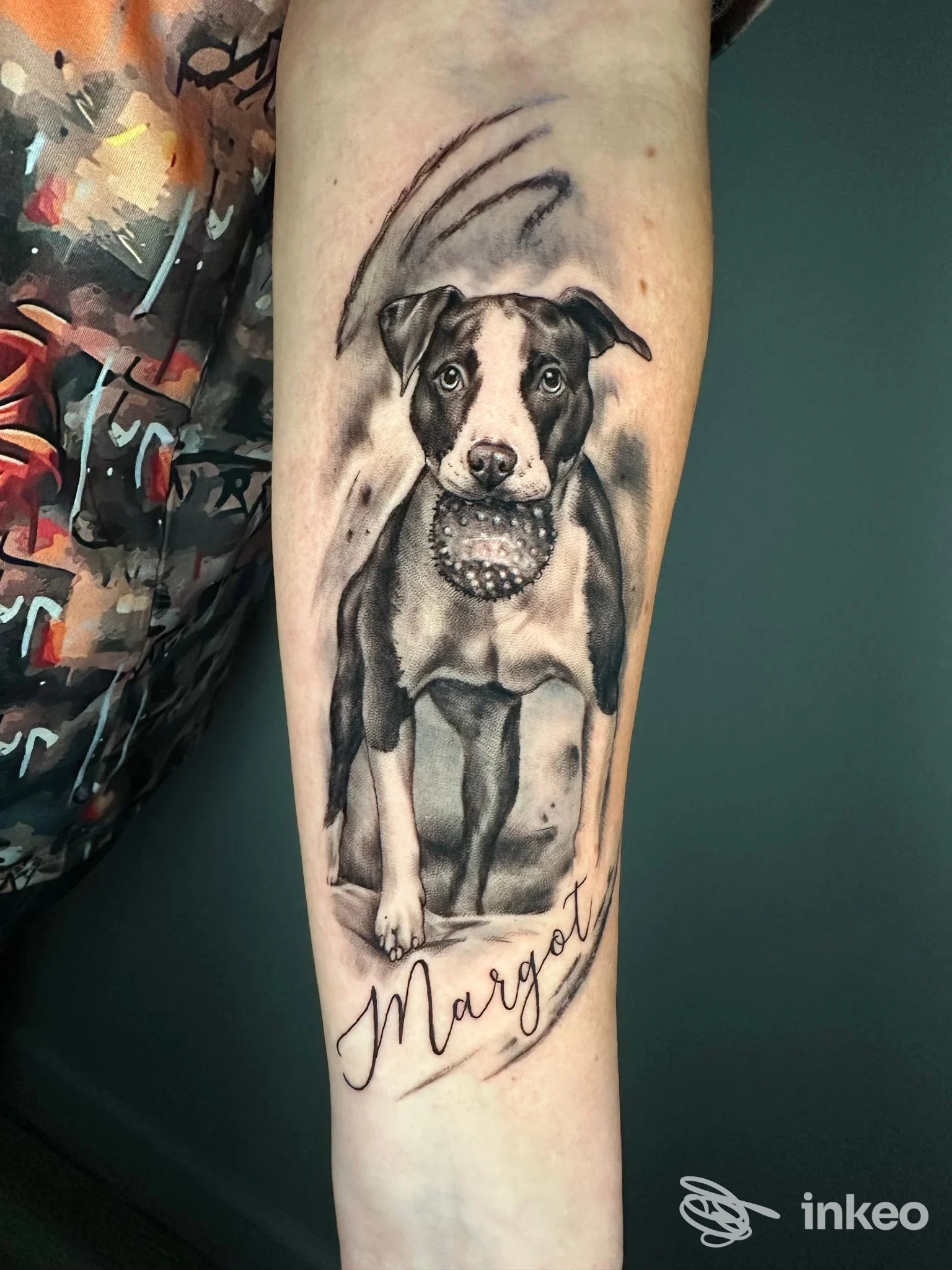 Tattoo realistico di cane sull'avambraccio realizzato da Artemista Tattoo.