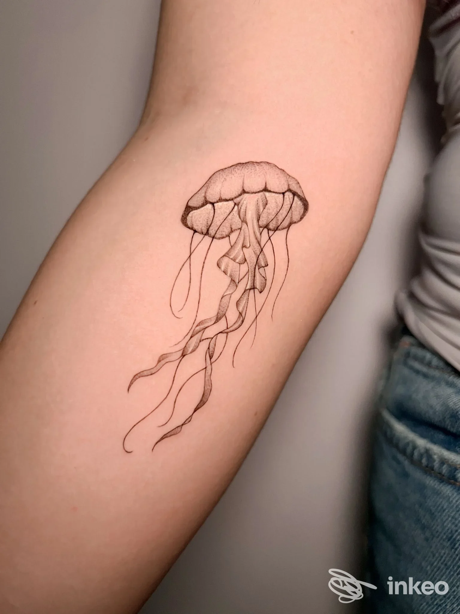 Tatuaggio di una medusa raffigurato sull’avambraccio di una persona, disegnato con linee fini.