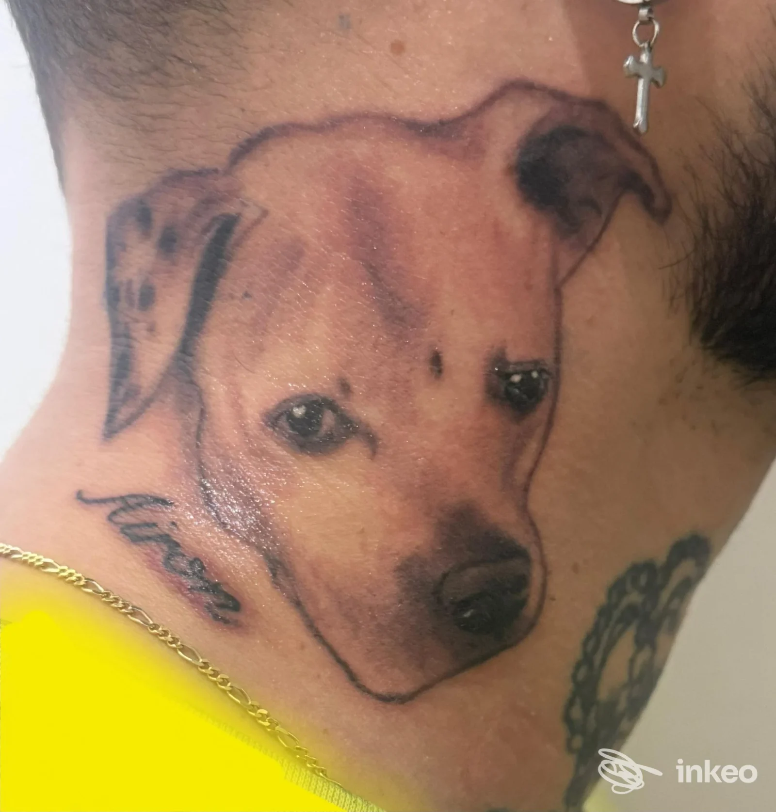 Tattoo realistico di una testa di cane sul collo di una persona, con contorni nitidi e tonalità di colore simili alla pelle.