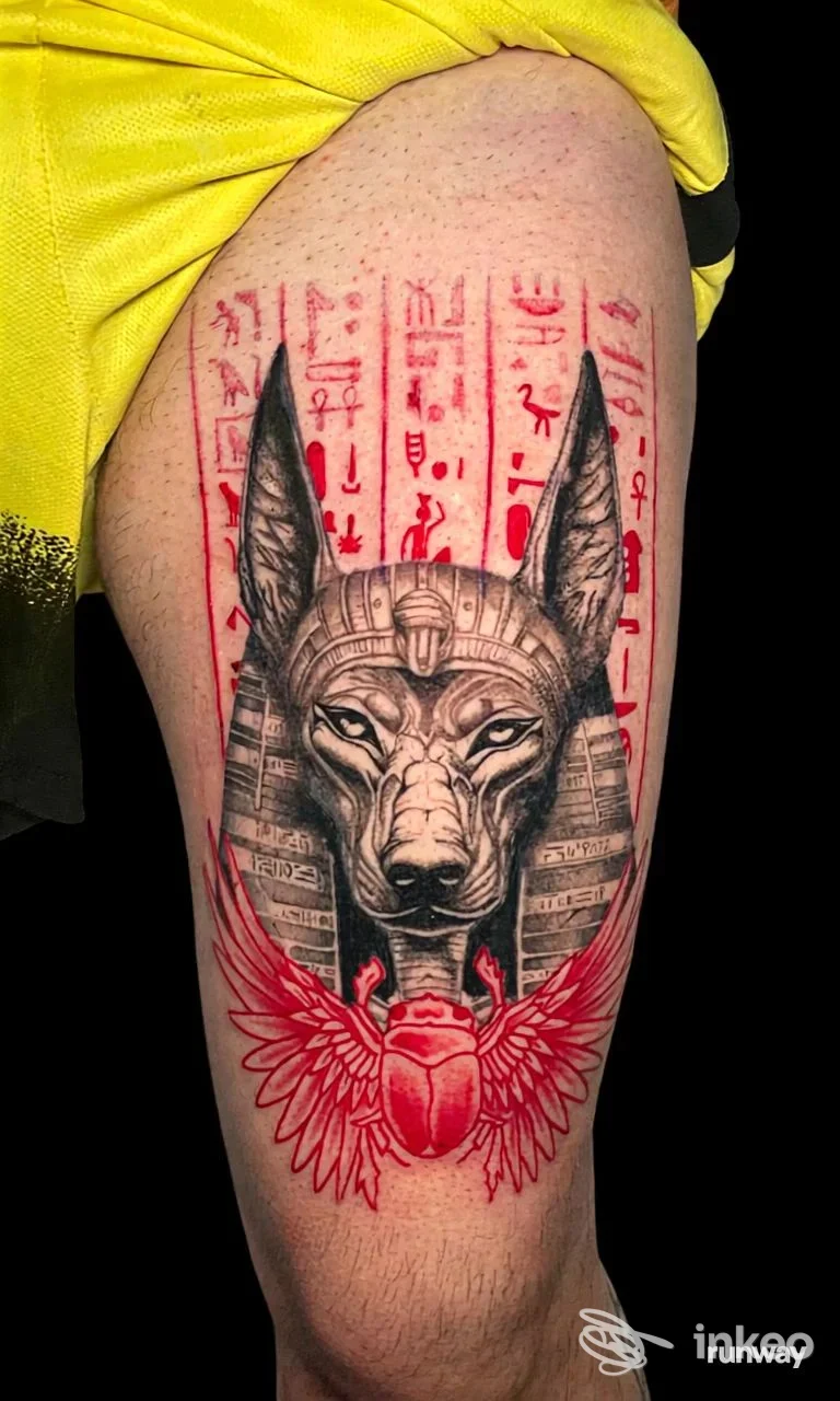 Tattoo realistico su coscia raffigurante un cane/lupo con ali rosse e simboli verticali rossi sullo sfondo, realizzato su pelle umana.