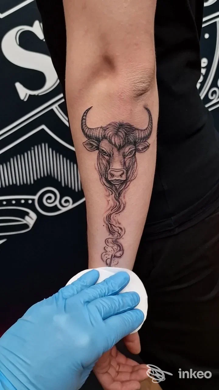 Tatuaggio su avambraccio visibile: testa di toro in linee nere con corna prominenti e fumo discendente lungo la pelle, eseguito su braccio di una persona.