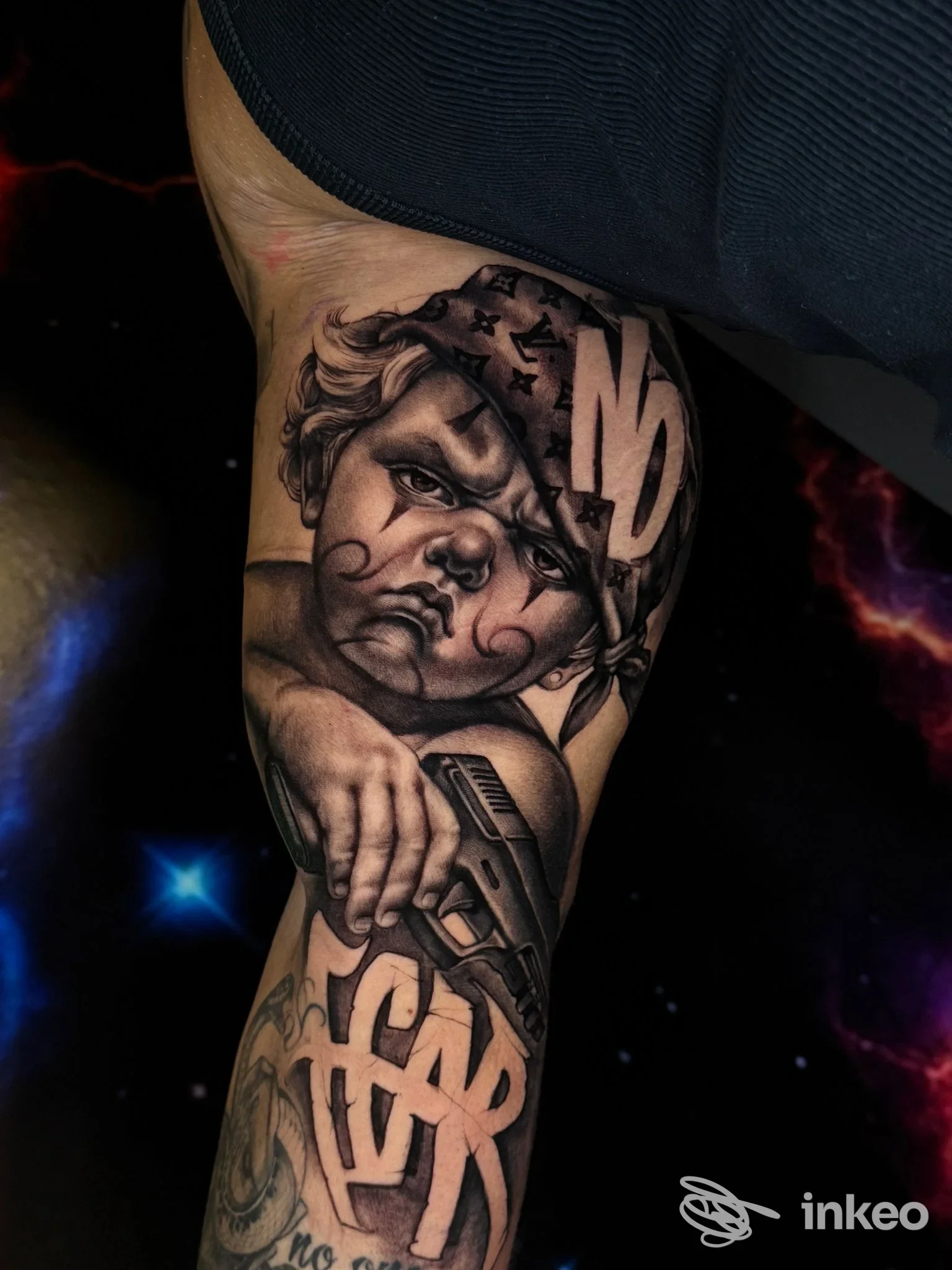 Tattoo realistico in bianco e nero su gamba, raffigurante un bambino/cherub con dettagli poetici, accompagnato da elementi decorativi e linee geometriche.