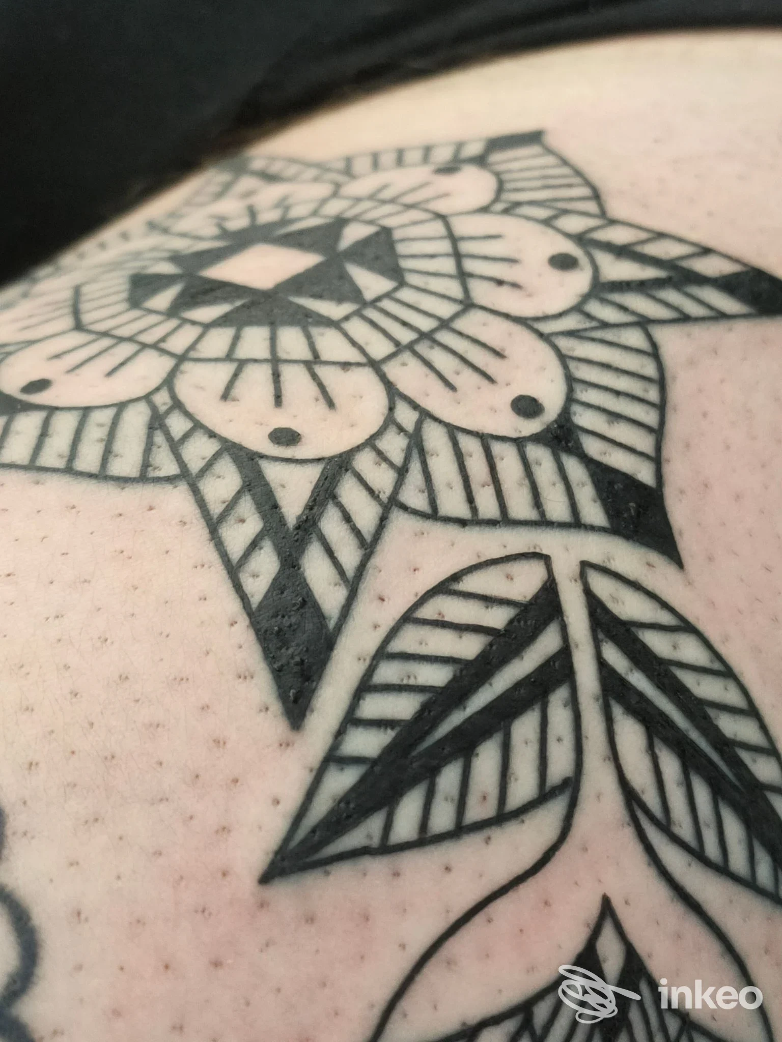 Tattoo geometrico in stile noir su pelle, con motivi a stelle e foglie, visibile sul braccio/spalla.