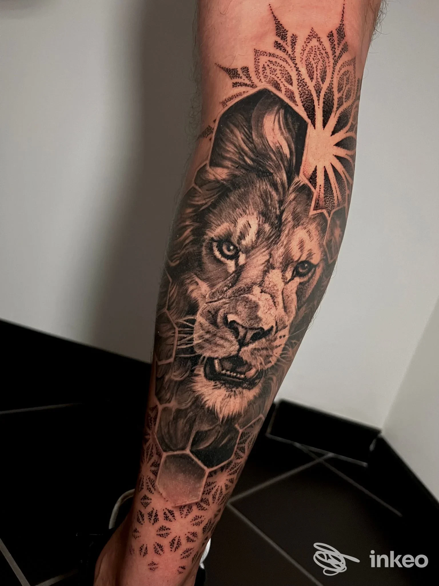 Tattoo realistico di leone sull’avambraccio con motivi geometrici a nido d’ape lungo la pelle.