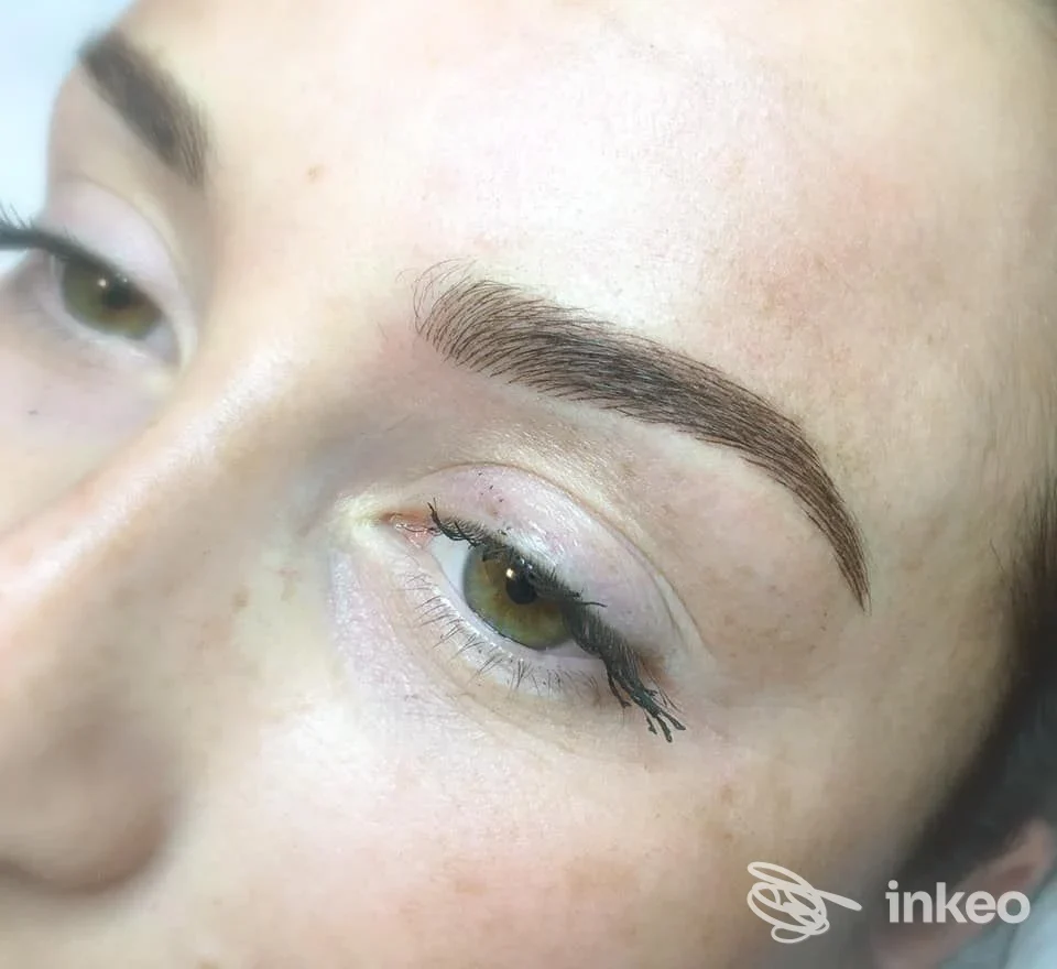Sopracciglio pigmentato in modo definito su pelle, risultato di trucco permanente, studio Angela De Donno, Bienno.
