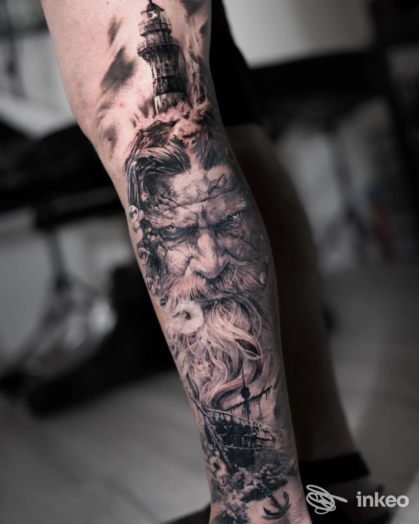 Tattoo realistico sull'avambraccio raffigurante un volto anziano con barba e una torre o faro in alto, in bianco e nero, realizzato sulla pelle.