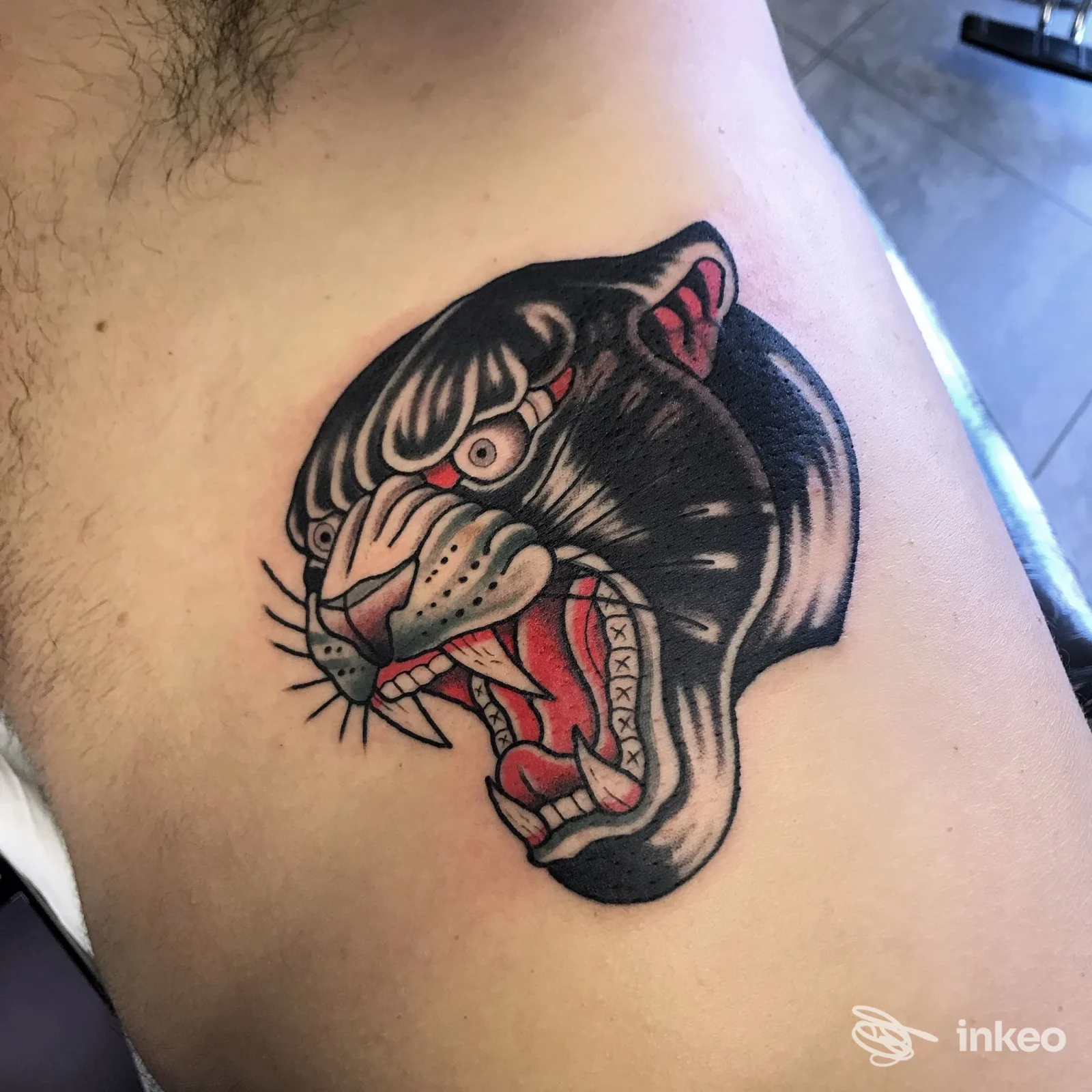 Tattoo di un felino stilizzato sul braccio, realizzato da Noblank Tattoo a Marina di Vasto, visibile chiaramente su pelle.