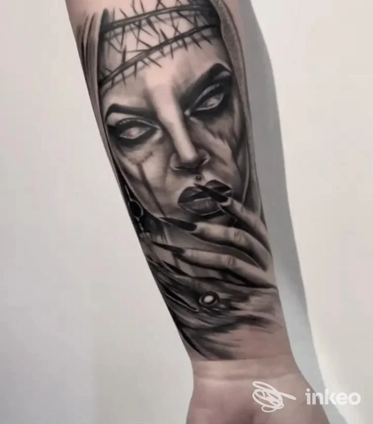 Tattoo realistico su avambraccio raffigurante volto femminile con corona di spine e dita che toccano le labbra, tonalità in bianco e nero con alto livello di dettaglio