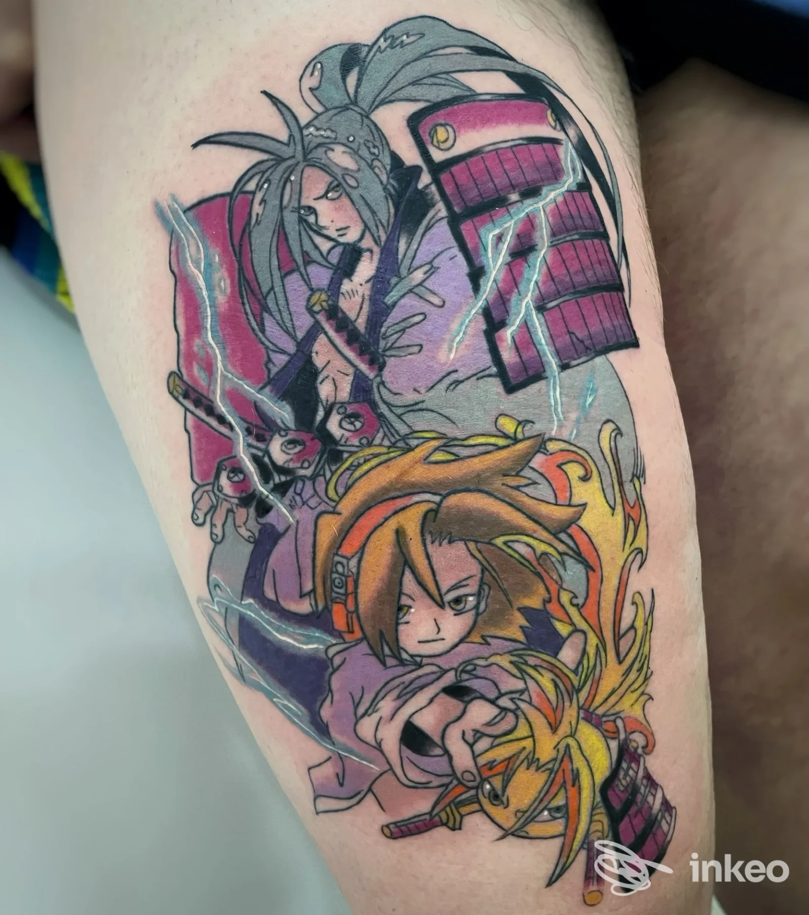 Tattoo colorato su braccio raffigurante due personaggi anime, eseguito da Kintsugi Tattoo Atelier a Teramo.