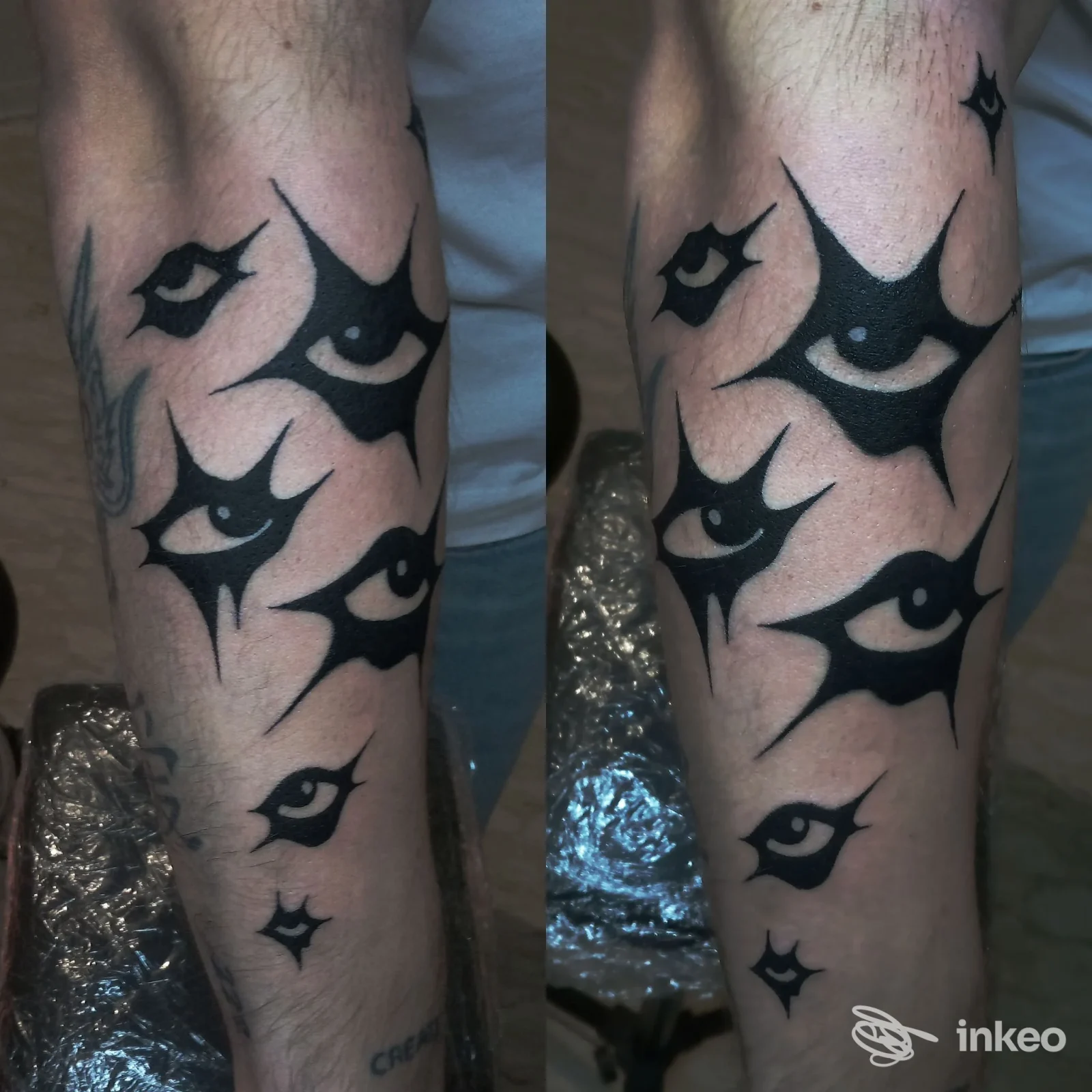 Noctis Tattoo Studio, Sant’Egidio alla Vibrata: tattoo nero sull’avambraccio con motivi a stelle stilizzate, nessun volto visibile.