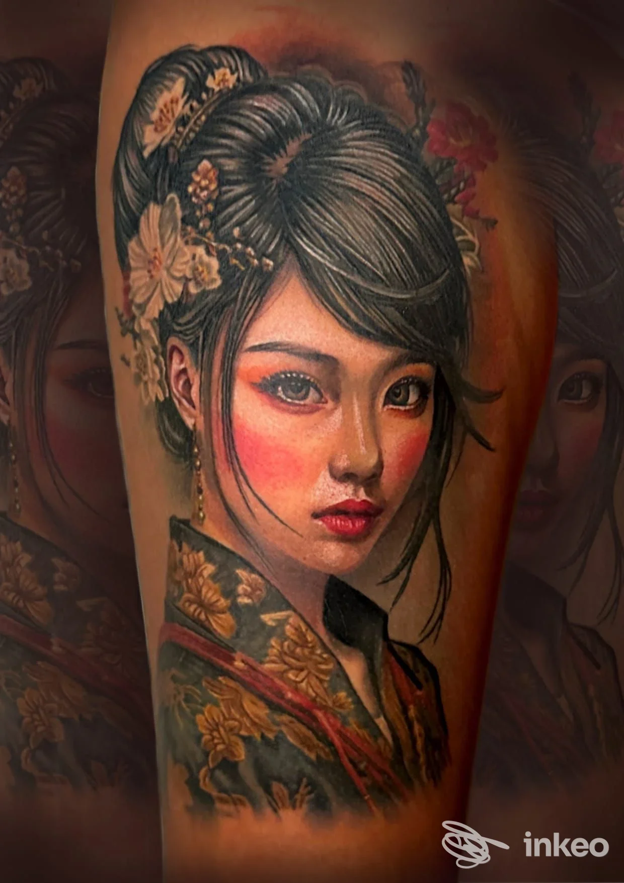 Ritratto colorato di una geisha tatuato sulla pelle di un braccio, con capelli scuri, kimono decorato e fiori; dettaglio realistico e vivido.