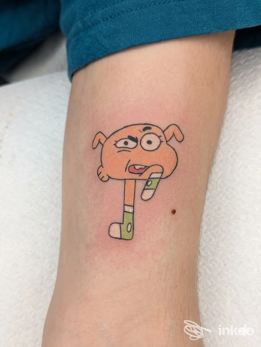 Tatuaggio reale su pelle: disegno cartone animato di un cane colorato, situato sull’avambraccio. realizzato dallo studio The Silver Rose Tattoo Shop a Cepagatti.