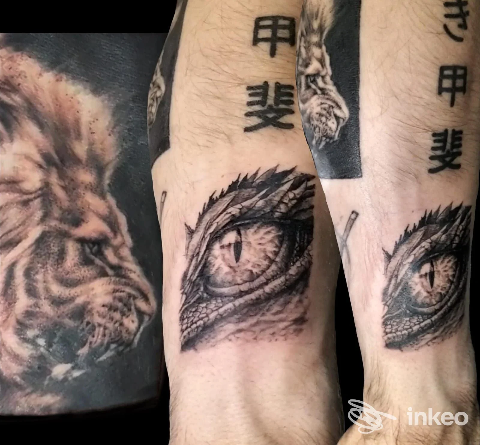 Scorcio di un tattoo realistico sull’avambraccio: un occhio dettagliato e sfumato, affiancato da altri tattoo visibili sulla pelle, con texture e linee nette.