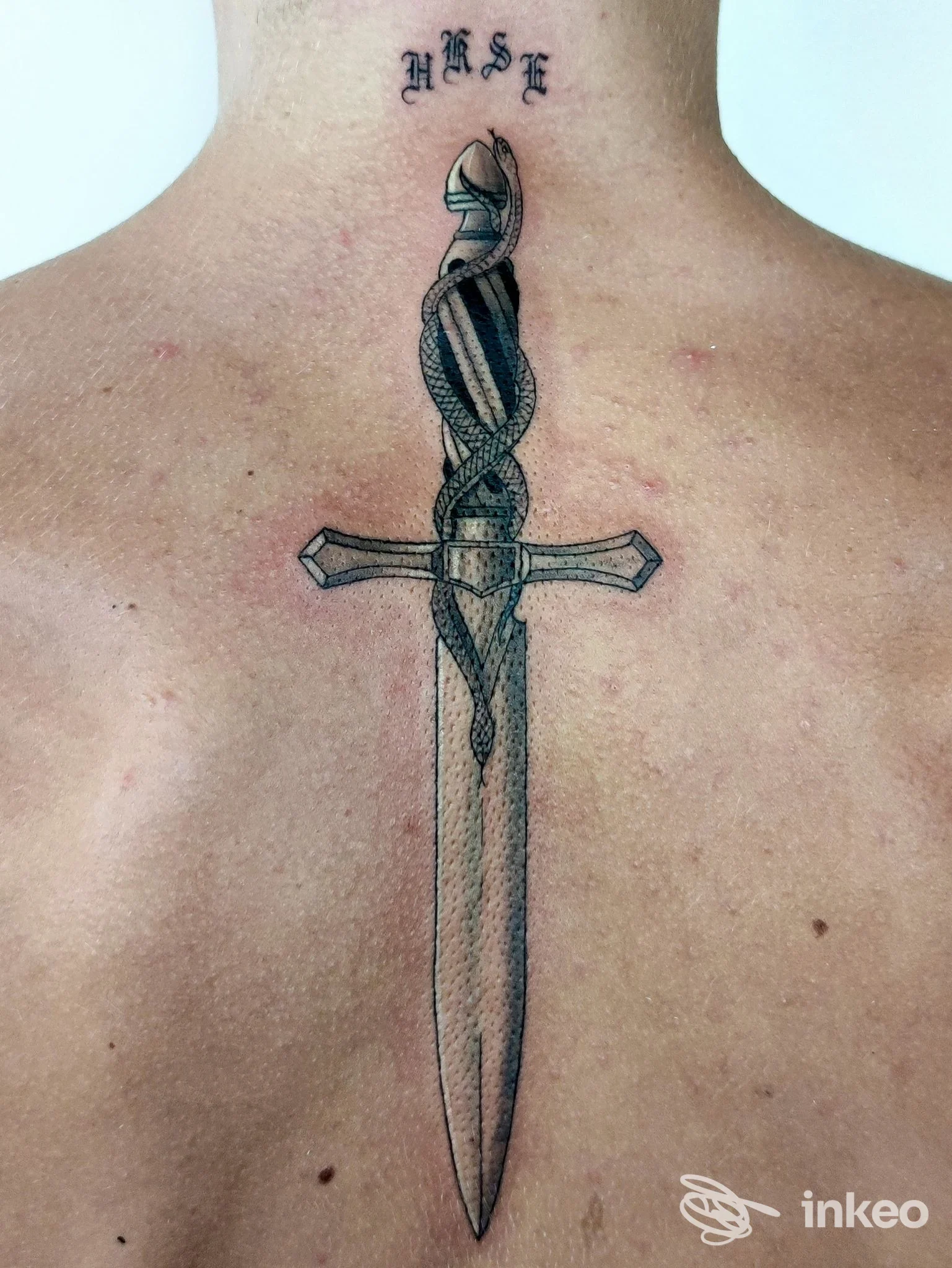 Tattoo raffigurante spada incisa sulla schiena, con impugnatura intrecciata, visibile dalla nuca fino al centro della schiena; nessun volto o interfaccia sociale presenti.