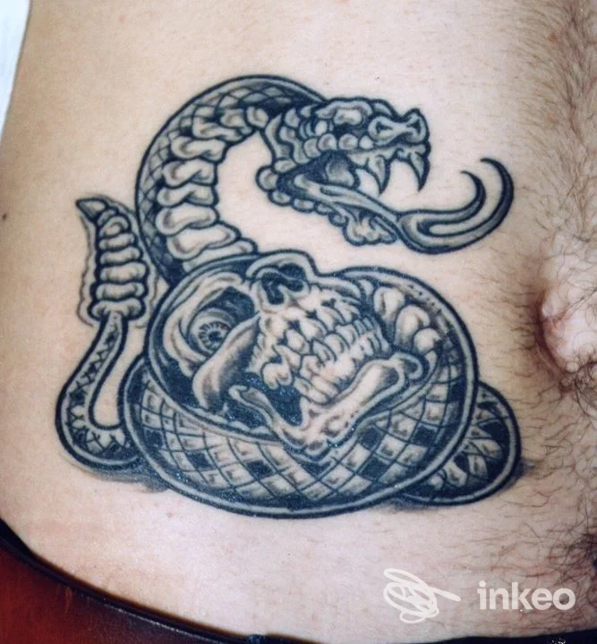 Tatuaggio visibile su pelle raffigurante un serpente avvolto intorno a un teschio con dettagli in bianco e nero, eseguito dal studio Tattoo, Lucha y Rock’n’Roll a Pescara.