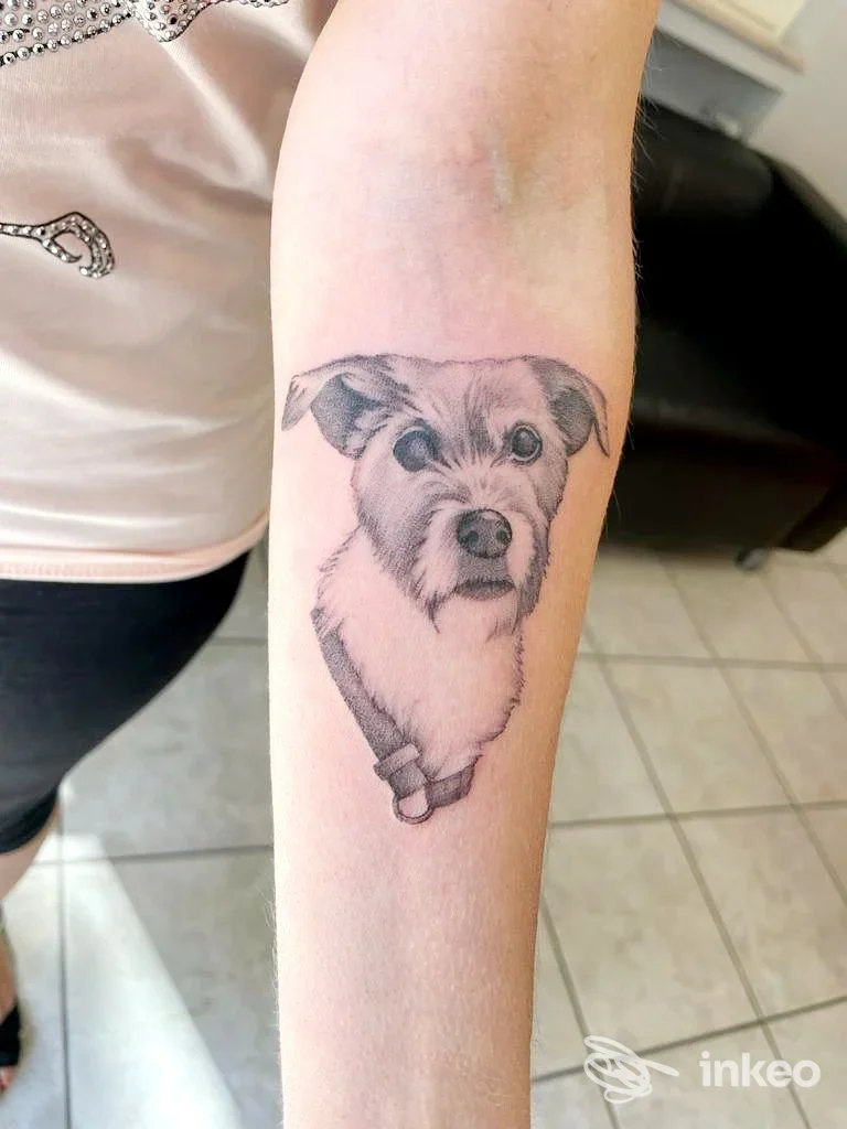 Tatuaggio realistico su avambraccio raffigurante un cane, eseguito su pelle, tinta nera e grigio, visibile nella parte inferiore del braccio. Studio Dna Tattoo, Roseto degli Abruzzi.