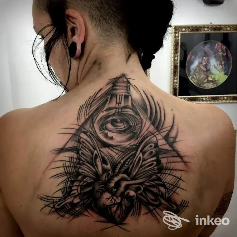 Tattoo completo sulla schiena con linework dettagliato e tonalità in nero; figura geometrica e simbolica, senza volto visibile.