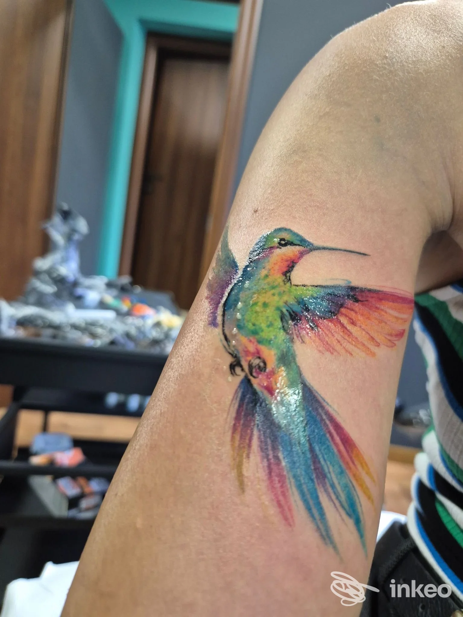 Tatuaggio realizzato sulla pelle raffigurante una colibrì multicolore con sfumature azzurre, verdi, gialle e rosse, visibile sul braccio di una persona; studio Krome Tattoo Studio a Pescara.