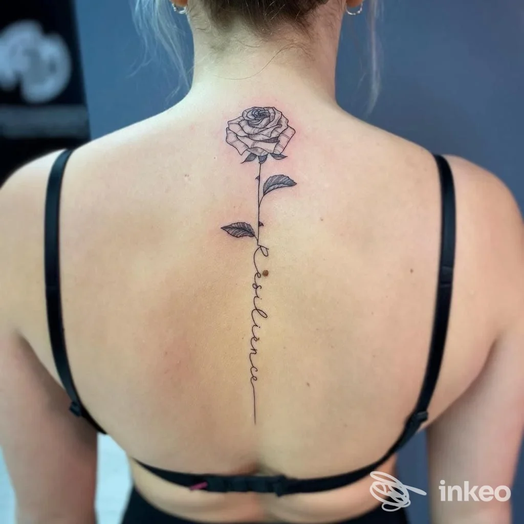 Tattoo reale su schiena: rosa stilizzata con gambo e scritta verticale lungo la colonna vertebrale, realizzato da Segnali da Inkiostro a Roseto degli Abruzzi.