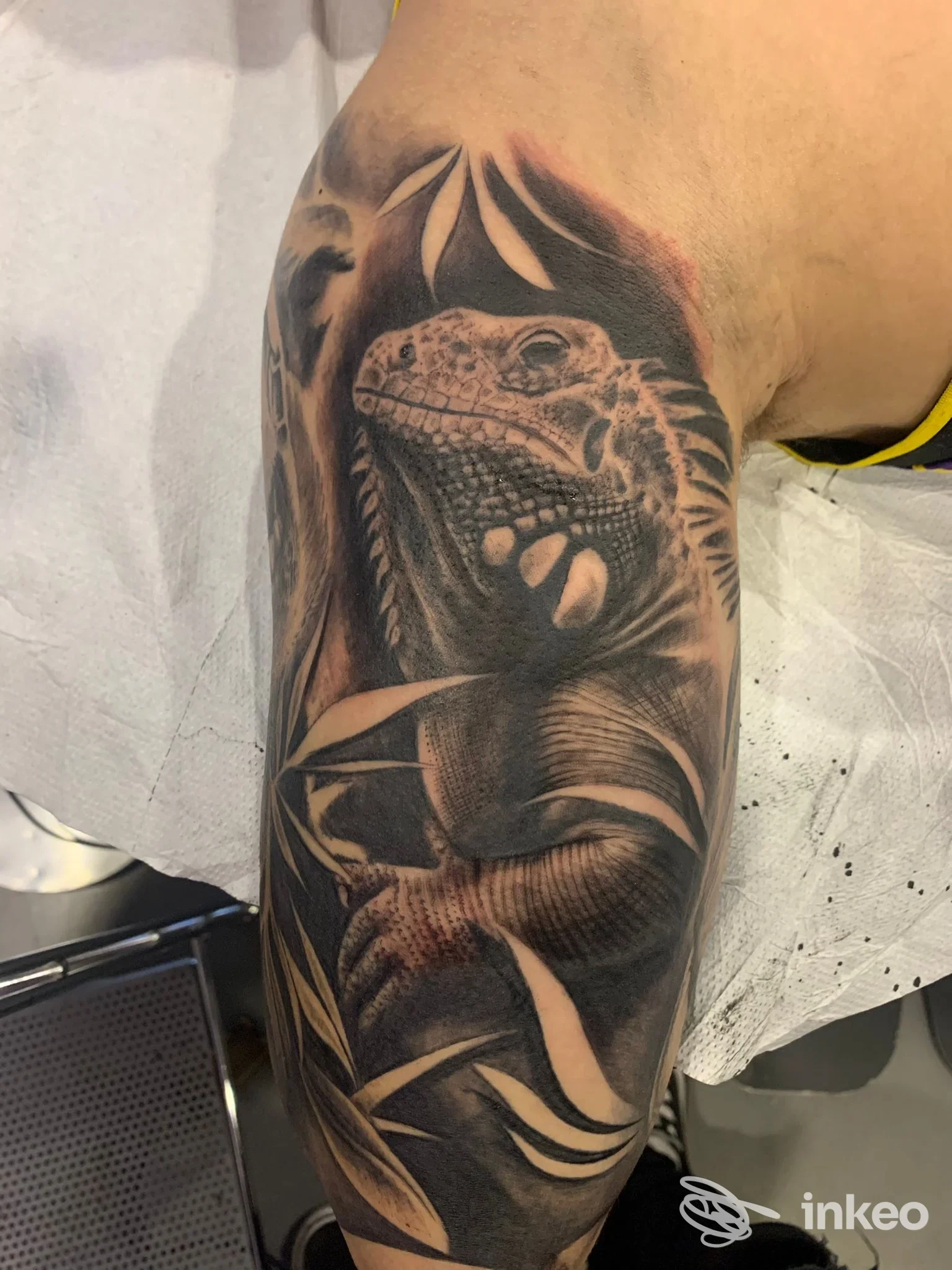 Tatuaggio realistico su braccio raffigurante un dinosauro, tonalità in nero e grigio, dettagli anatomici e sfondo scuro.