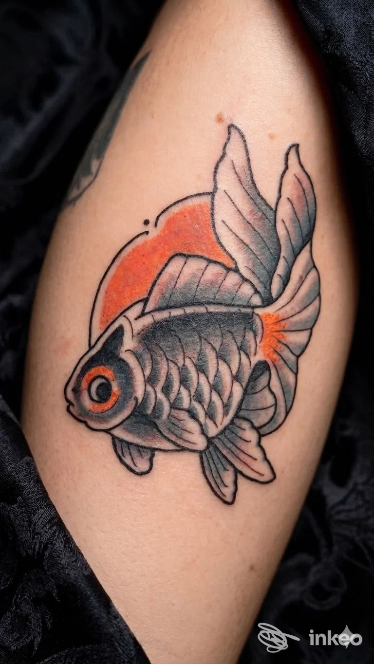 Tattoo raffigurante un pesce rosso stilizzato su braccio, con colori neri, grigio e arancione, realizzato presso Julia Porter Tattoo a Montesilvano.