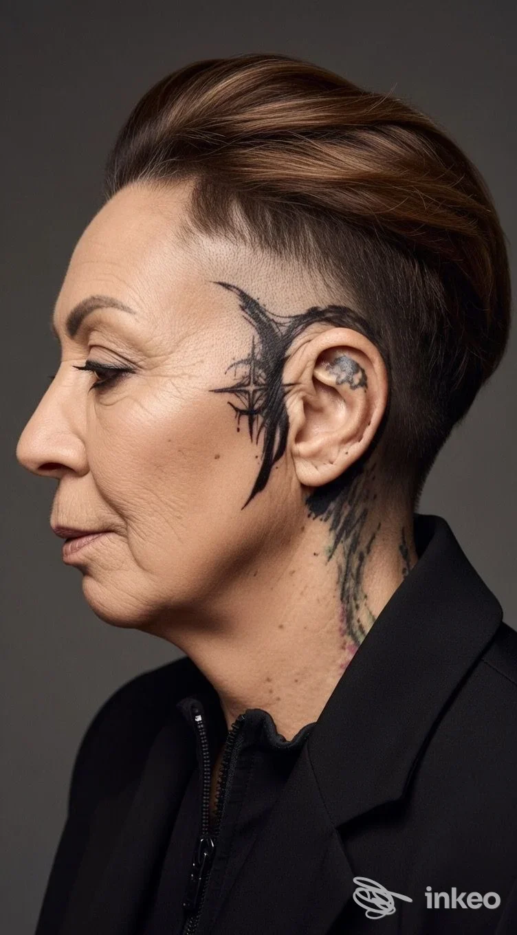 Particolare profilo di una persona con tattoo a forma di ramo lungo la guancia, tempia e collo, scatto in studio MonelloTattoo a Giulianova.