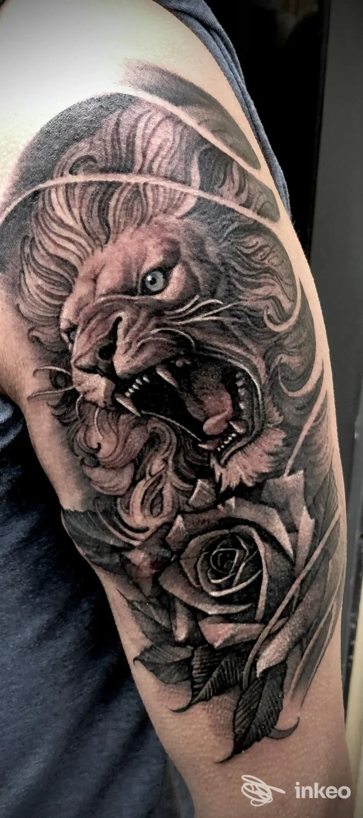 Tattoo realistico su braccio raffigurante leone arrabbiato con rose e decorazioni, realizzato in tonalità scure su pelle, studio IncisoTattoArt&Co, Pescara.