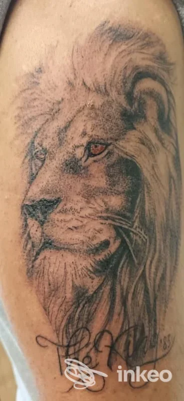 Tattoo realistico di un leone su pelle chiara, dettagliata criniera e linee nette, firma in corsivo in basso.