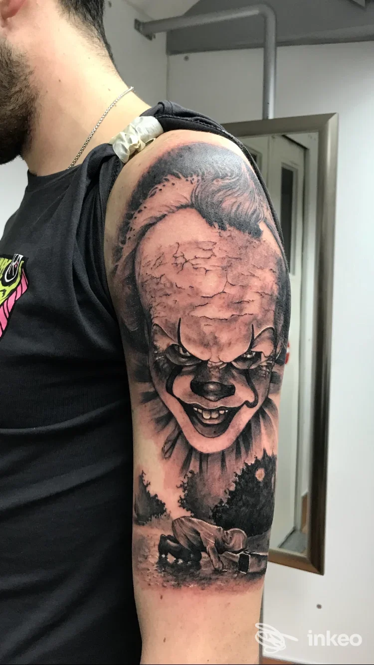 Tattoo sul braccio di un uomo, raffigurante Pennywise, realizzato da Subway Tattoo Studios a Catanzaro.